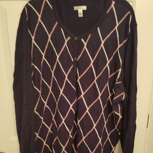 Navy sweater with white and pink pattern